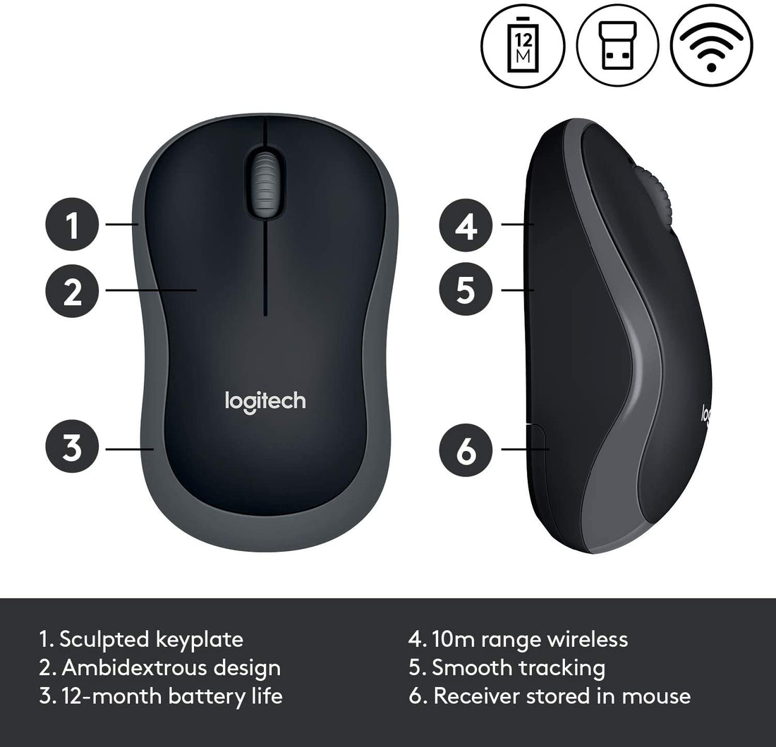 Logitech m185 Wreless USB Mouse, 3-Buttons, Black